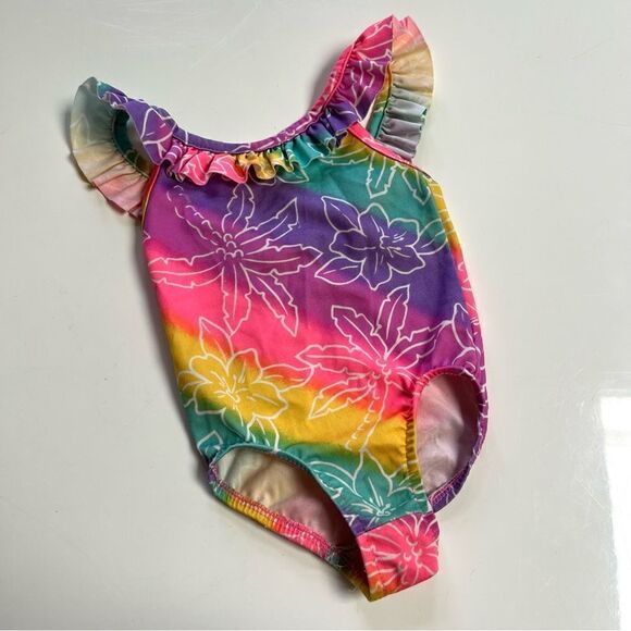 Vintage Peak 90s Neon Rainbow Ruffle One Piece Swim Suit - Picture 3 of 4